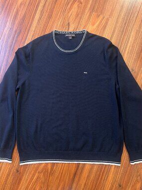 Michael Kors 100% Cotton Navy Crewneck Sweater Striped Trim XL